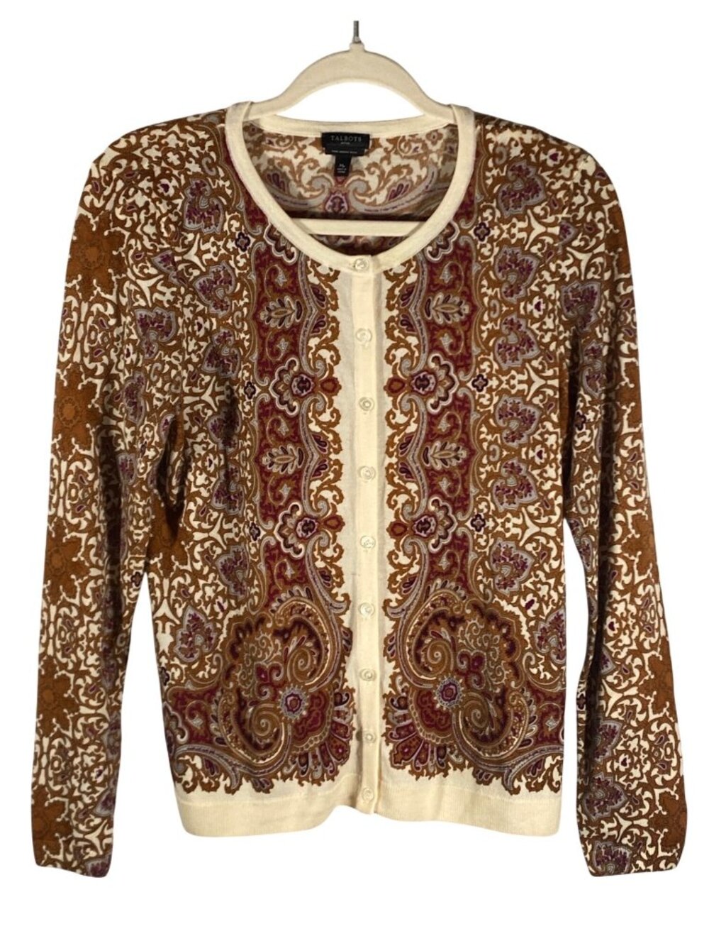 Talbots Petite Multicolor Paisley Button-Up Cardigan sweater Pure Merino Wool MP